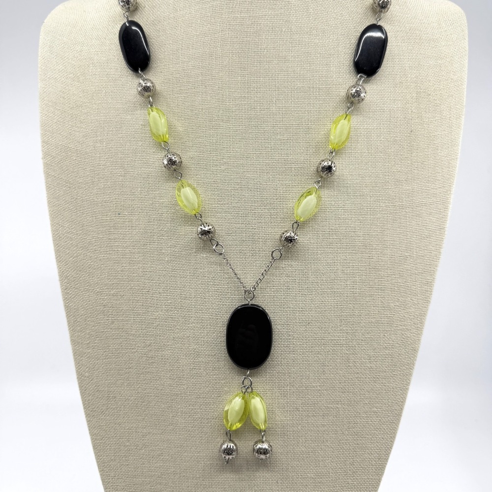 Black Lime Green Bead Y Drop Necklace Silver Tone Boho Statement Dangle Classic